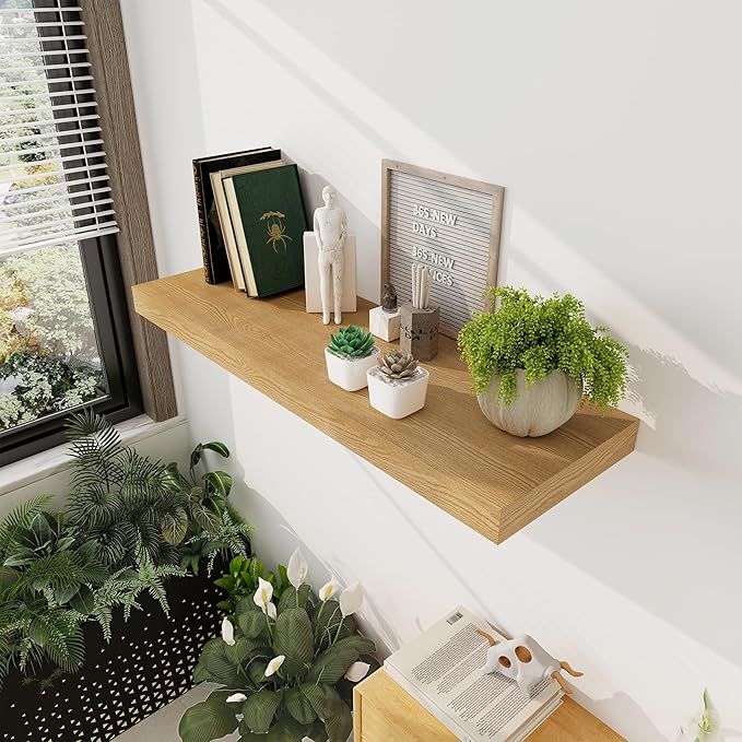 Floating Shelves 36 Inch Long, 12 Inch Deep Floating Shelves for Wall, 36 x 12 Shelves for Wall Storage & Display, 2" Thick Floating Shelf for Bathroom, Living Room, Bedroom, Oak Color, Set of 2