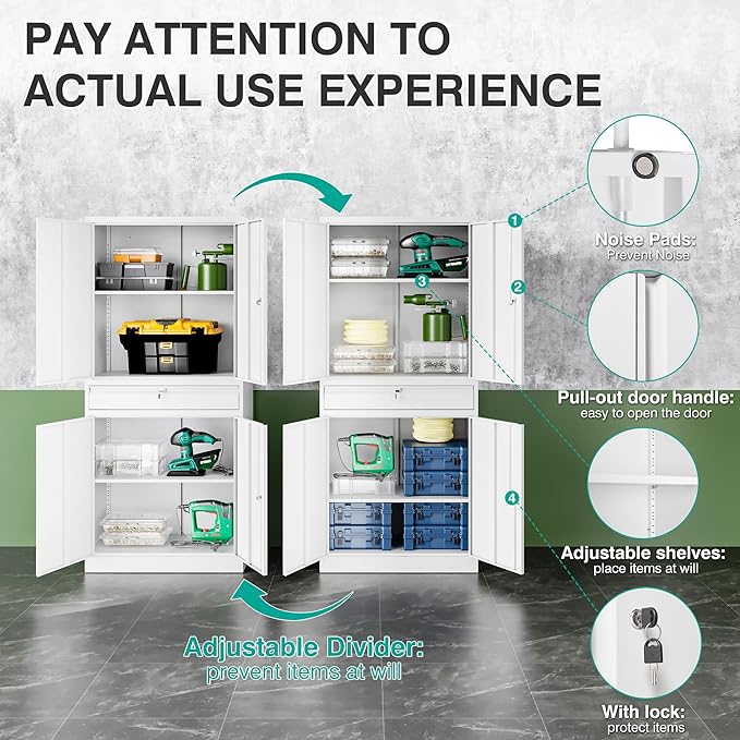SISESOL White Metal Storage Cabinet with Drawer and Locks,Garage Storage Cabinet with Locking Doors and Adjustable Shelves,71" Tall Large Metal Cabinets with Magnetic Door for Home,Office,Garage