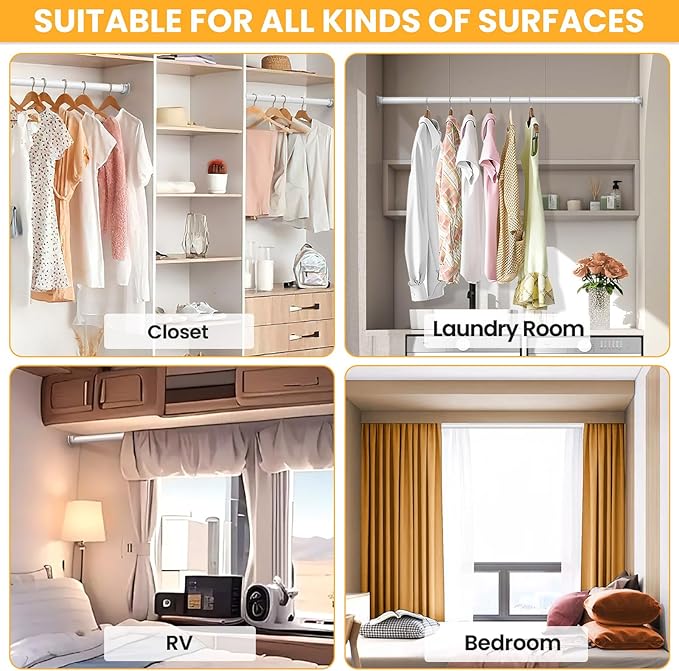 2 Pack Closet Rods for Hanging Clothes, 17-98 Inch No-Cut Stepless Adjustable Closet Rod, 1.3 Inch Heavy Duty Metal Closet Hanging Rod with Brackets, White Closet Bar for Closet, Laundry Room, RV