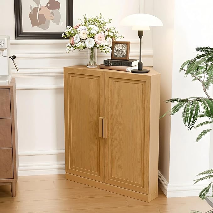 Casaphoria Farmhouse Corner Cabinet, Wooden Corner Storage Cabinet with Adjustable Shelves, Narrow Storage Organizer for Small Space, 36" H x 31" W x 16" D, 51Lb, Oak