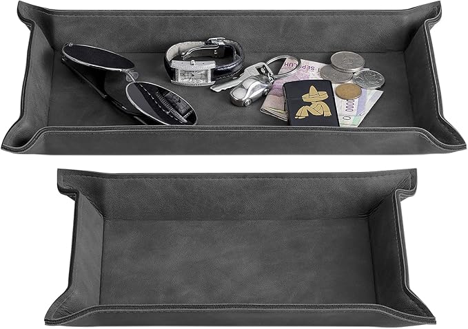 Navaris Faux Leather Valet Tray Set of 2 - Catch All Tray for Key Entryway Table Nightstand - Catchall for Keys Watch Remote Phone - Valet Storage for Men - Mens Storage Dish