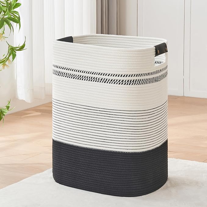 DOFASAYI Laundry Hamper - 85L Large Laundry Basket with Leather Handles, Decorative Storage Basket for Blankets - Clothes Hamper for Living Room, Bedroom, Black & White