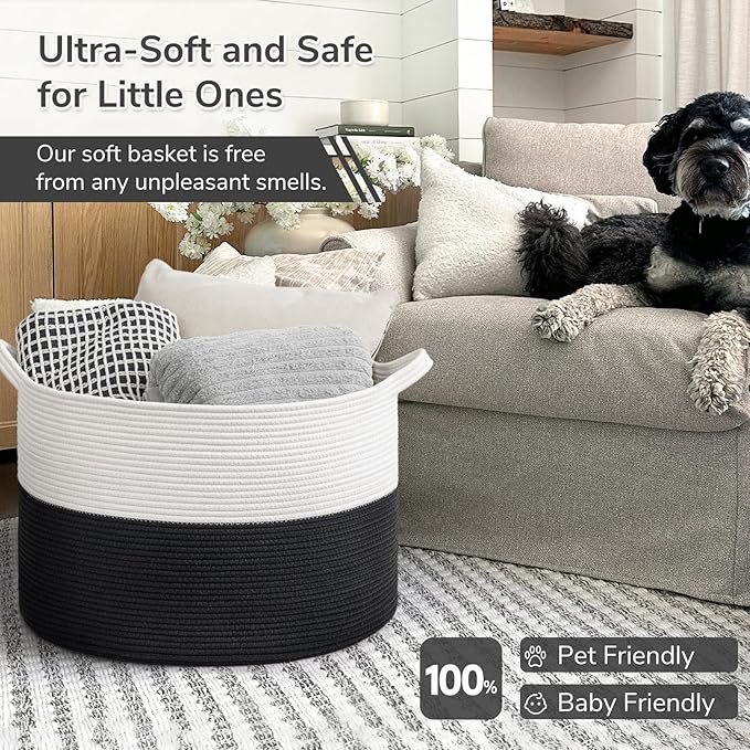 INDRESSME Large Cotton Rope Baskets for Storage, 21.7 x 13.8 Blanket Storage for Living Room Toy Baskets Kids, Baby Laundry Basket for Dirty Clothes, Pillows, 90L White & Black