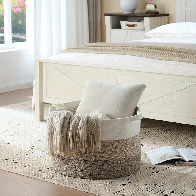 Luxury Little Extra Large Nursery Storage Basket, 22 x 22 x 14 inches - 100% Cotton Rope Baskets with Handles, Blanket Basket for Toys, Blankets & Pillows - Brown & White