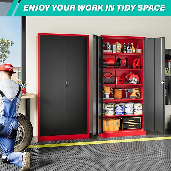 SISESOL Wide & Deep Metal Storage Cabinet with Lock & 5 Adjustable Shelves,72" Red Black Garage Storage Cabinet with Locking Doors,Lockable Cabinets for Home,Office,Shop,Garage,Basement 72x36x18