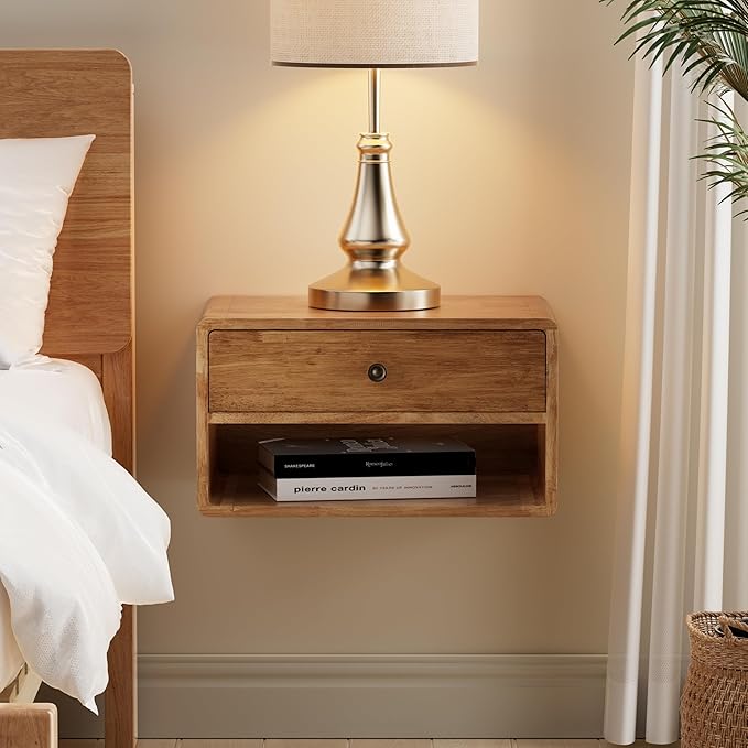 COZAYH Farmhouse Rubber Wood Floating Nightstand with Drawer and Open Shelf, Transitional Wall Mounted Side Table with Open Slot for Bedroom, Fully Assembled (Natural)