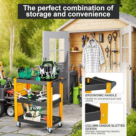 3 Tier Rolling Tool Cart on Wheels, Mechanic Storage Organizer, Rolling Work Cart with Pegboard for Garage, Workshop, Warehouse (Black&Yellow)