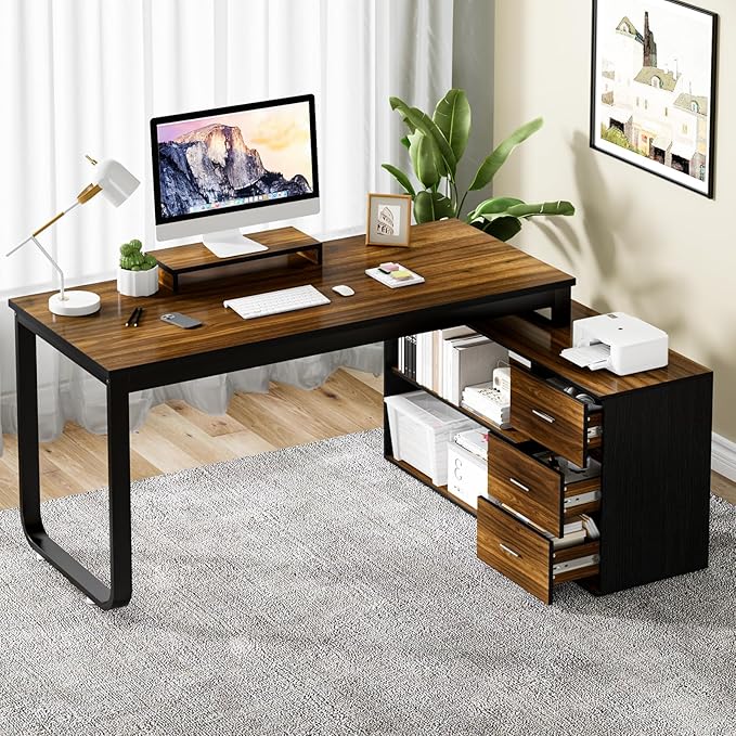 55 Inch L Shaped with Storage Shelves, Corner Computer Desk with Drawers, Home Office Desk with Removable Monitor Stand, Study Desk for Kids, Black