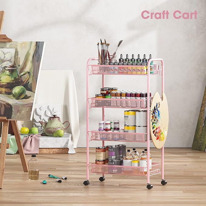 TOOLF 4 Tier Rolling Utility Cart - Durable Metal Design Pink Utility Cart, Storage Trolley on Wheels with 3 Hooks, Perfect for Kitchen, Bathroom & Laundry Room Organization