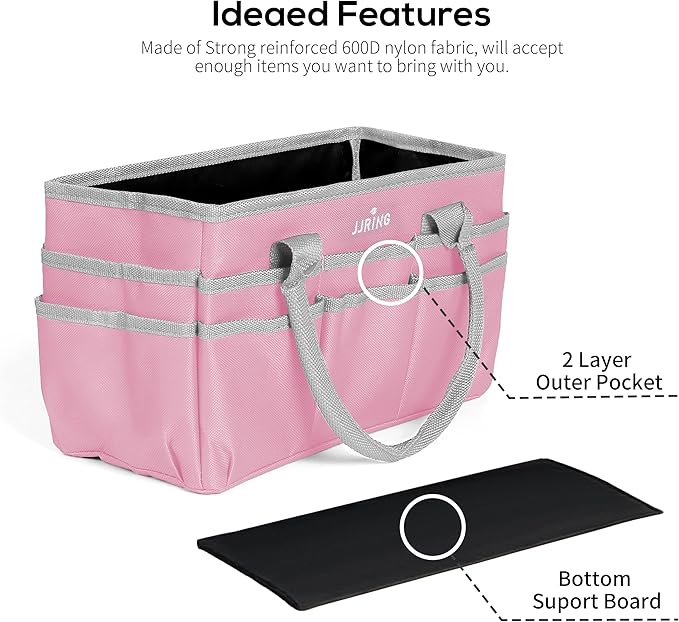 JJRING Craft and Art Tote - 600D Pink Nylon Fabric Art Sewing Organizer Bag with Pockets - for Craft, Scrapbooking, Medical, and Office Supplies Storage