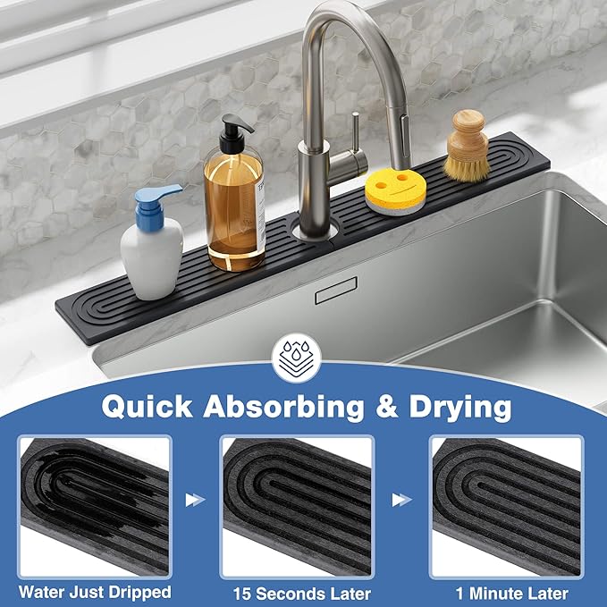 DK177 Faucet Mat for Kitchen Sink - Water Absorbing Stone Tray for Sink, Diatomite Fast-Drying Faucet Mat, Faucet Splash Guard for Bathroom Counter (Dark Gray, 23.6" x 4")