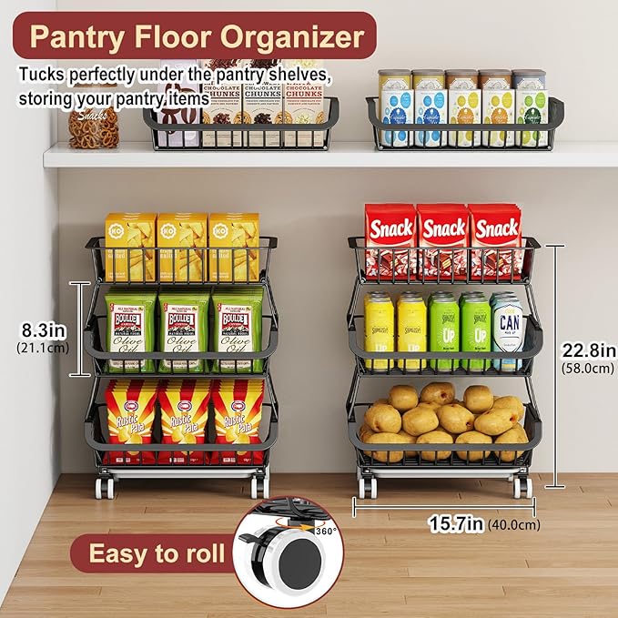 Miyawell 3-Tier Rolling Pantry Cart with Wheels, Stackable Wire Storage Floor Organizer for Kitchen Pantry Snack Shelves, Fruit Basket Stand, Vegetable Storage Rack for Food Snacks Onion Potato