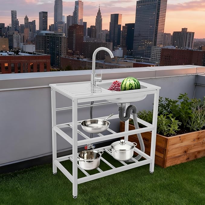 30" Stainless Steel Sink Kitchen Utility Sink with 360° Hot/Cold Faucet Freestanding Workbench 2 Layer Shelf Set for Modern Farmhouse Restaurant Hotel Garage and Laundry Room Outdoor Use