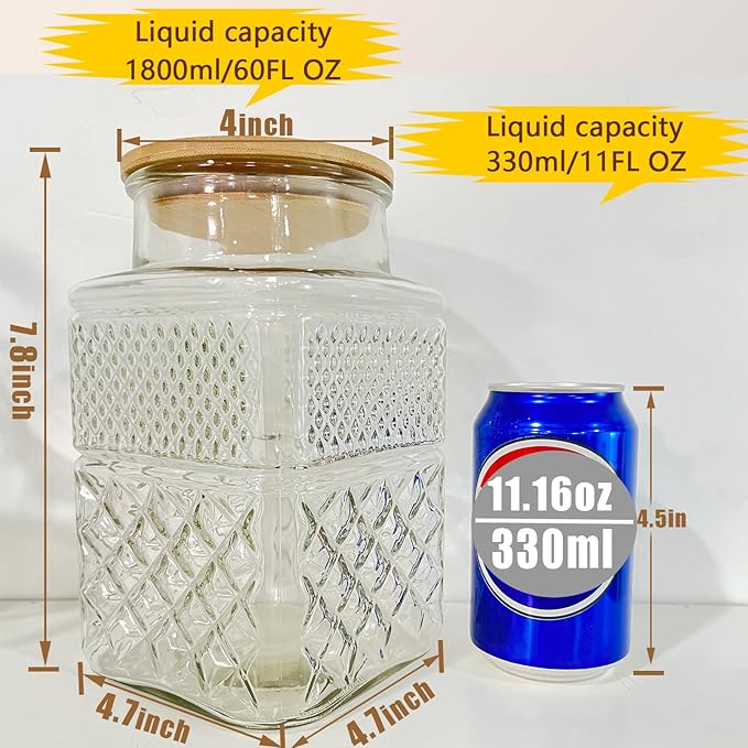 Viovian Large Glass Jar with Wood Lid and Spoon 60 OZ Square Thick Glass Storage Jars Airtight Lids Clear Decorative Vintage Canister for Food Candy Cookie Sugar Coffee Nuts Snack Dog Treat