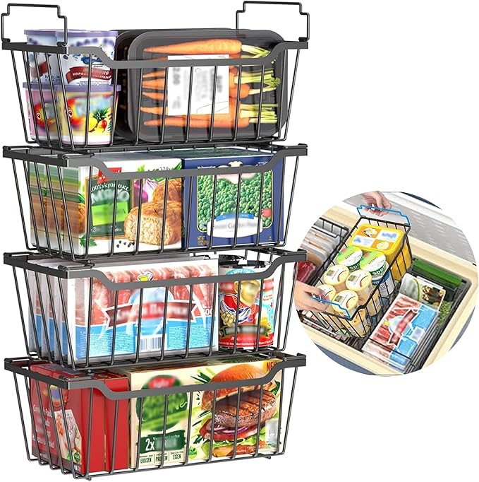 Freezer Organizer Bins with Foldable Handle, 4 Pack Stackable Freezer Baskets Deep Chest Freezer Organization, Black Metal Freezer Storage Bins Space Utilization Bins