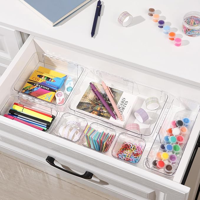 14 Pcs Adjustable Clear Drawer Organizer, Extendable Vanity Storage Bins, Desk Drawer Organizer Set for Makeup, Cosmetics, Bedroom, and Gadgets, Clear