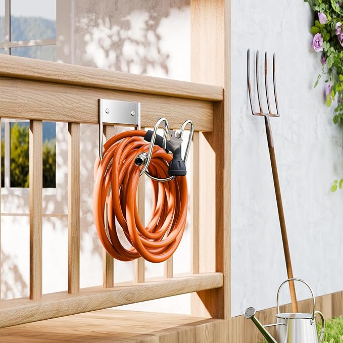Stainless Steel Garden Hose Holder - Extra Large Heavy Duty Silver SS304 Wall Mounted Hanger for Water Hose, Extension Cords, Vacuum Lines, Anti-Rust