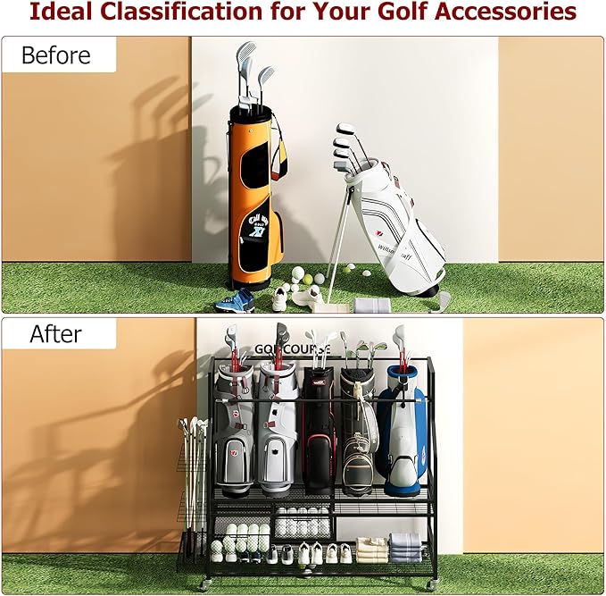Golf Bag Storage Rack on Wheels, Mobile 5-Bag Organizer with Accessory Drawer for Golf Bag and Equipment Accessories Garage, Home, Basement