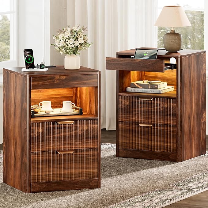 REAHOME Fluted Nightstand with Charging Station, Modern LED Night Stand with 2 Drawers and Pull Out Tray, Wood Bedside Table, End Side Table with Open Shelf for Bedroom,Walnut