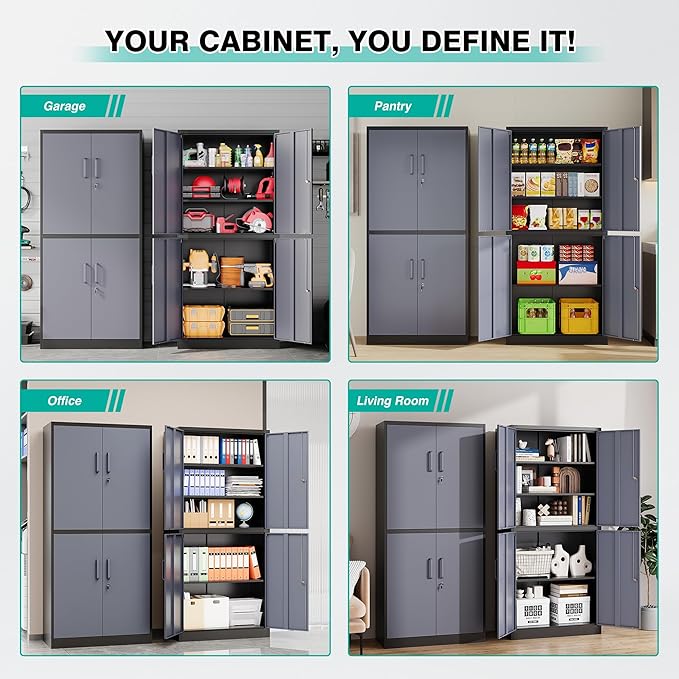 Metal Storage Cabinets with Doors and Shelves,71" Metal Garage Storage Cabinet with Lock,Gray Steel Cabinet with Locking Doors,4 Door Lockable Storage Cabinets for Garage,Home,Office