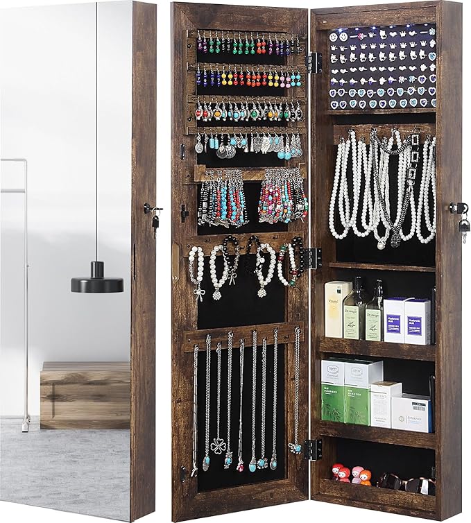 GISSAR Full Length Mirror Jewelry Cabinet, 6 LEDs Jewelry Armoire Wall Mounted Over The Door Hanging, Jewelry Organizer Display Storage Furniture with Lights Locker Mirrored Cabinet, Vintage Brown