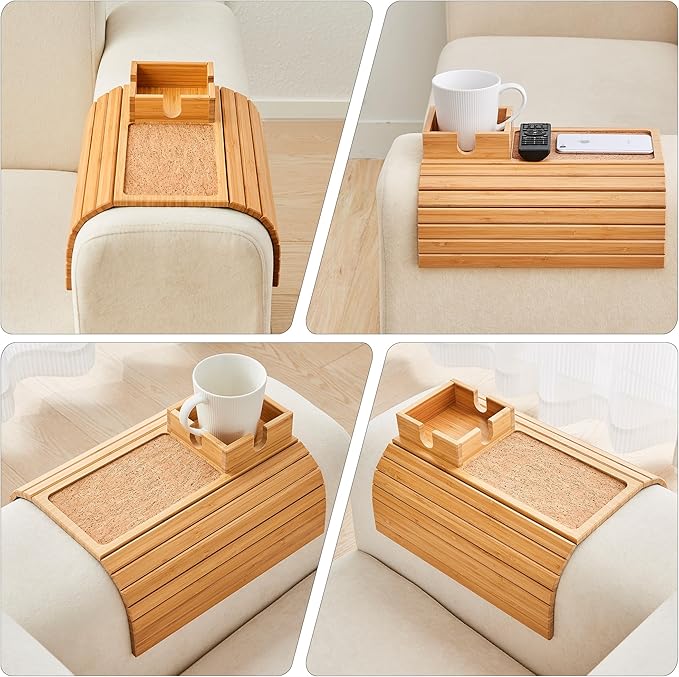 Bamboo Couch Cup Holder, Foldable Sofa Arm Tray, Anti-Slip Couch Aremrest Tray Table for Drink, Cup, Remote, Snacks, Cellphone, Portable, Bamboo/Cork Color