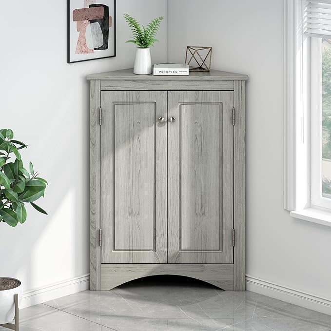 GDFStudio 31.5" H Triangle Corner Bathroom Storage Cabinet with Adjustable Shelves,Freestanding Floor Cabinet for Small Spaces,Water-Resistant Cabinet Modern Organizer for Home,Kitchen,Hallway, Oak