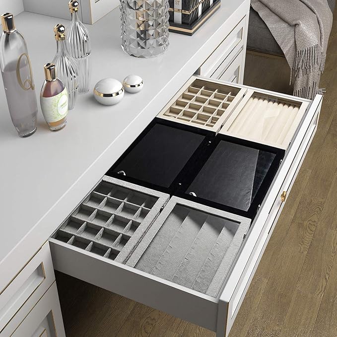 Frebeauty Rings/Earrings Organizer Tray with Clear Lid 10 Slots Velvet Drawer Insert Jewelry Storage box with Glass lid Jewelry Display Case Showcase Gift for Girls Women (Beige, 10 Slots)