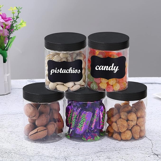 48PCS 8OZ Plastic Jars with Screw On Lids, Labels Refillable Empty Round Slime Containers for Storing Dry Food, Honey Jam, Cream, Butter, Lotion