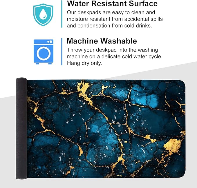 Blue Marble Gold Vein Mouse Pad – Large Extended Desk Mat 35.43 x 15.75 in – Elegant Navy Ink Texture with Metallic Cracks, Keyboard & Mouse Pad for Office & Gaming