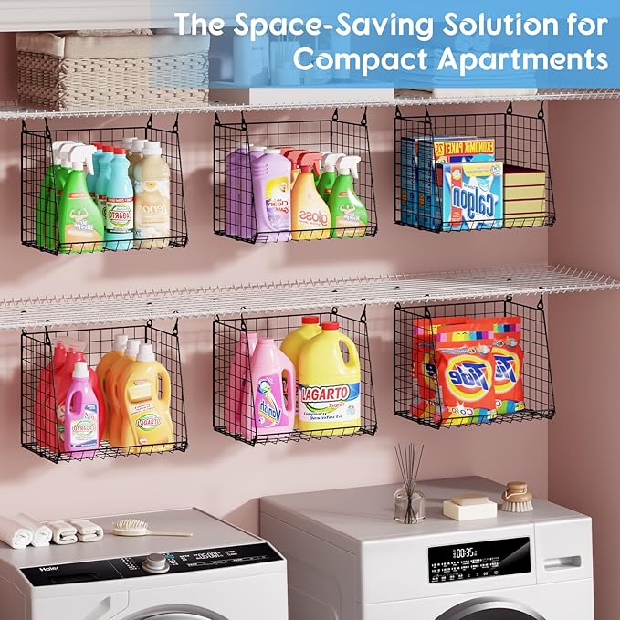 3-Pack Extra-Tall 13.6'' Hanging Laundry Basket Organizer, Foldable Wire Shelf with 360° Rotating Hooks & Reinforced Height - Durable Space-Saving Laundry Room & Closet Organizer, Black Patent