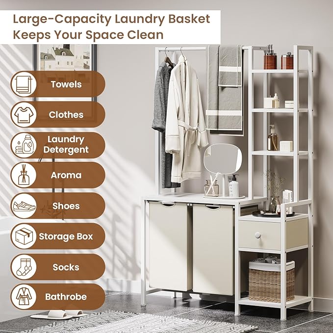 Laundry Hamper with Shelf, 5 Tiers Tall Laundry Basket Sorter with 2 Pull-Out and Removable Bags, Clothes Rack with Laundry Sorter for Laundry Room Bathroom Bedroom, White