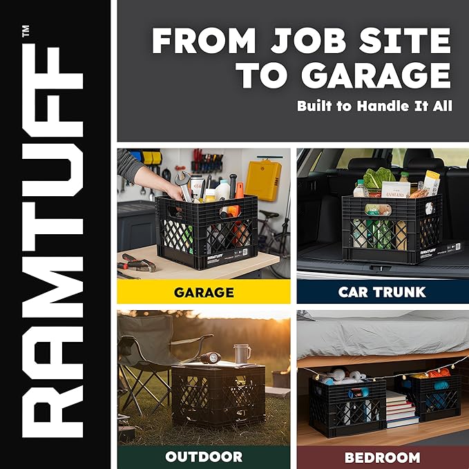 Ramtuff 1 Pack Storage Milk Crate, Durable Plastic Home Organizers, Stackable Box Set with Reinforced Handles, 250 lb Load Capacity, Black