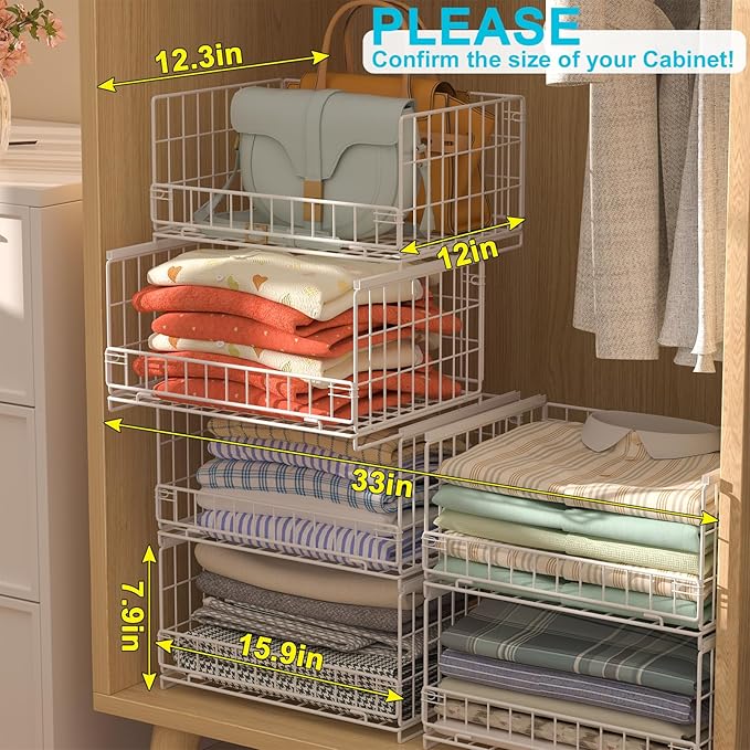 4-Tier Sliding Closet Organizers and Storage Shelves, Stackable Closet Shelf Organizer Basket Bins, Drawer Shelf Storage Container for Wardrobe Cupboard Kitchen Bathroom Office, White