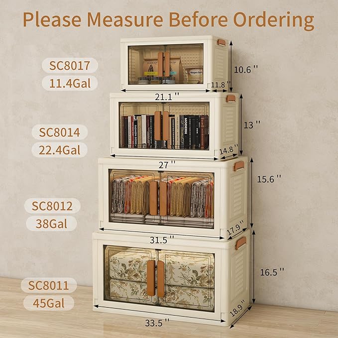 Plastic Stackable Storage Bins with Lids and Wheels, Foldable Closet Organizers and Storage Containers, Collapsible Clear Drawer Storage Cabinet with Doors Ivory White 358.4 QT