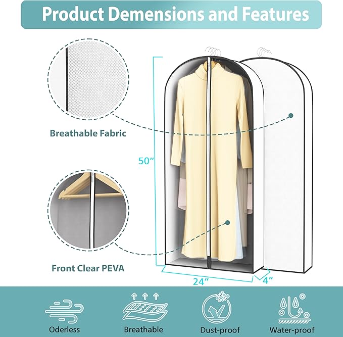 50” Garment Bags for Hanging Clothes 4” Gusseted - with Clear Window, Breathable Fabric, Metal Zipper, Suit Coat Long Dress Protector for Clothes Closet storage, Season Off, Moving, 3 Pack