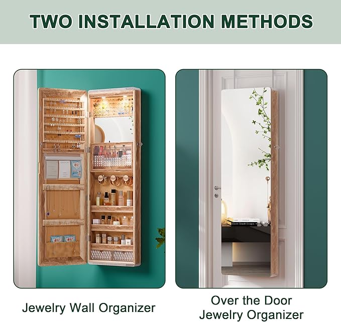 HNEBC LED Mirror Jewelry Cabinet,47.2" Wall Mounted Jewelry Organizer with Full-Length Mirror,Over The Door Hanging Jewelry Armoire Storage Cabinet,Folding Dresser,2 Drawers,Lockable, 3 Shelves(Wood)