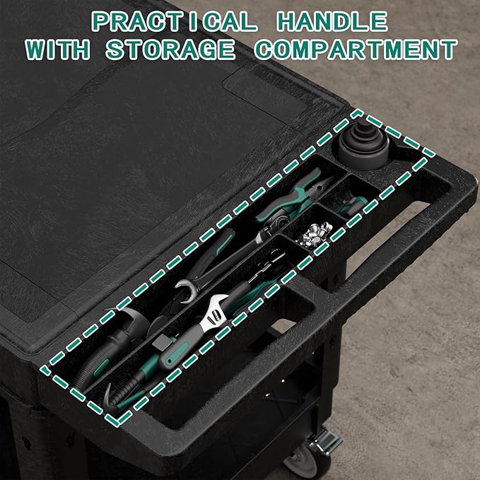 Heavy Duty Utility Rolling Tool Cart, 1000 lbs Capacity Flat Top Plastic Rolling Carts with 360°Swivel Wheels, 46 x 25 Inch Service Cart, 2 Shelf Work Cart for Warehouse,Garage, Cleaning, Black
