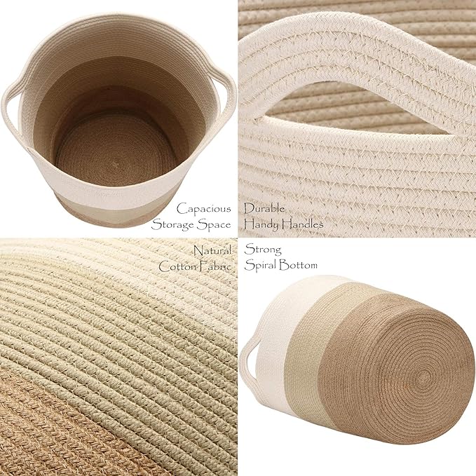 Sea Team Large Size Cotton Rope Woven Storage Basket with Handles, Laundry Hamper, Fabric Bucket, Drum, Clothes Toys Organizer for Kid's Room, 20 x 14 inches, Round Open Design, White & Khaki