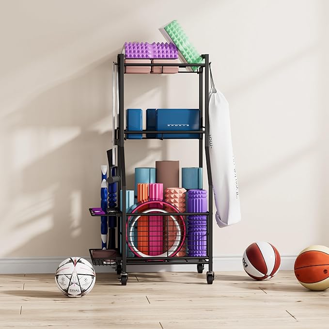 Sports Equipment & Toy Storage Rack with Wheels, 3-Tier Ball Organizer for Balls, Rackets & Sports Gear, Large Capacity with Racket Slots & Hooks, for Garage, Home Gym or Backyard – 17" W