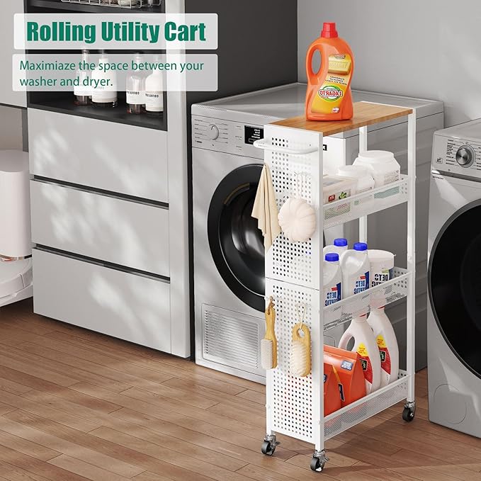 Slim Rolling Storage Cart with Wheels, 4-Tier Metal Utility Cart with Handle & Wood Top, Small Mobile Organizer Shelf Unit for Laundry Room, Kitchen, Bathroom, Office, Narrow Space