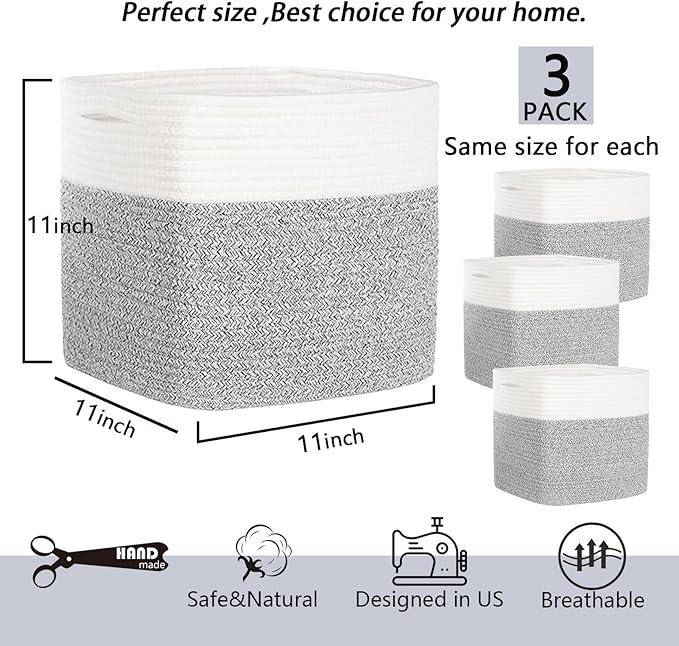 Cube Storage Bins 11 Inch Cotton Rope Woven Storage Basket for Organizing 3 Pack | Storage Cubes for Organization and Storage | Square Cube Organizer | Basket for Shelves | Toy Bin（Grey）