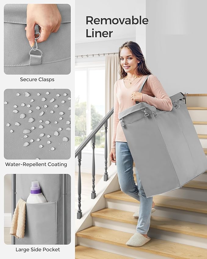 SONGMICS Laundry Basket with Wheels, Rolling Laundry Hamper, 23.8 Gallons (90 L), Removable Liner, Steel Frame with Handle, 24 x 11.4 x 31.9 Inches, Dove Gray URLS003G01