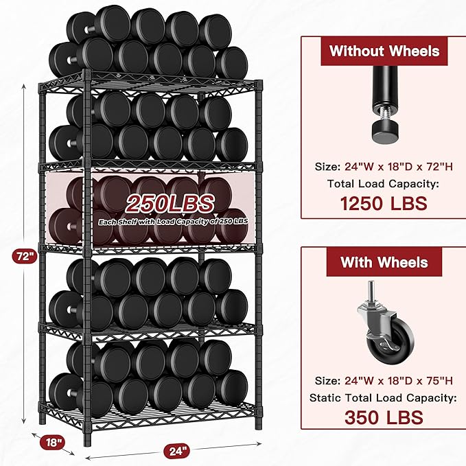 PrimeZone Wire Shelving Unit with Wheels, 5 Tier Adjustable NSF Certified Heavy Duty Metal Storage Shelves, Pantry Organizer Rack Rolling Kitchen Shelf for Closet Garage, 24" W x 18" D x 75" H, Black