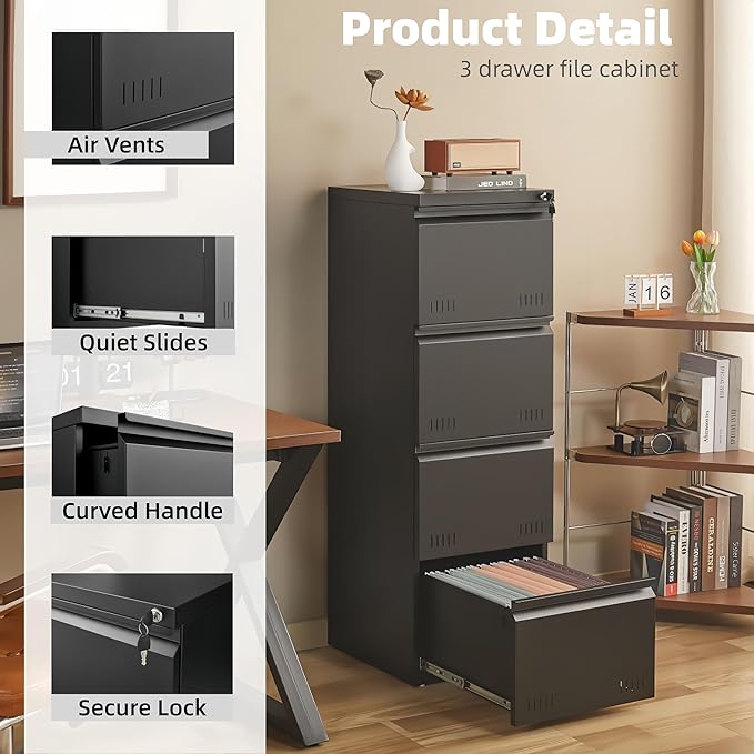 Metal File Cabinet with Lock, Vertical 4 Drawer File Cabinets for Home Office, Heavy Duty Office Storage Cabinet for A4/Letter/Legal Size, Assembly Required(Black)