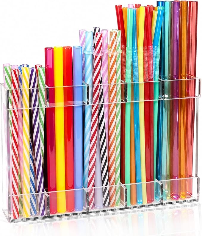 9.5" Large Acrylic Straw Holder for Cabinet Door - Reusable Tumbler Straw Organizer Storage, Small Kitchen Organizers and Storage Accessories Container, Ultra Sticky Cupboard Door Mounted