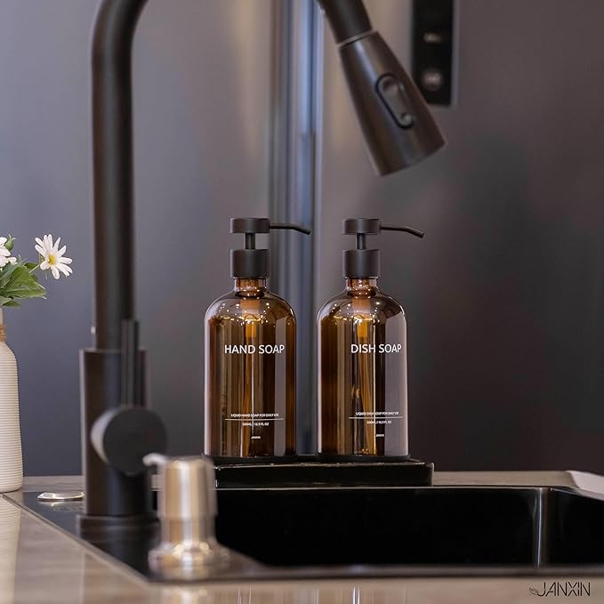 Glass Kitchen Soap Dispenser Set with Ceramic Tray,16.9 floz Hand and Dish Soap Dispenser for Kitchen and Bathroom Decor (Amber Bottles + Black Pumps)