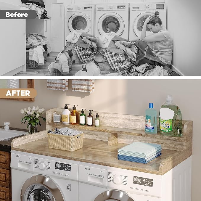 2-Tier Washer Dryer Countertop with 2.75" H Edge Rails, 58" W x 28" D Laundry Countertop for Folding Clothes, Washer and Dryer Topper with Non-Slip Pad (White Oak)