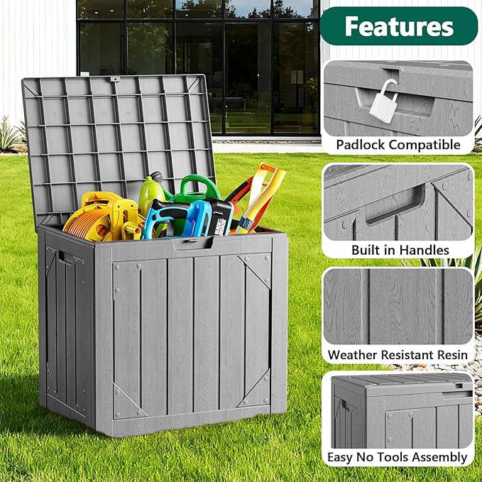 Outdoor Storage Box, 30 Gallon Deck Box Outdoor Storage Bench Outside Waterproof Resin Storage Bench, Lockable Patio Cushions, Garden Tools Storage For Furniture, UV Resistant(Gray)