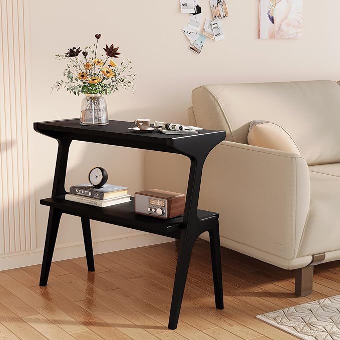 Solid Wood End Table, 2-Tier Side Table with Storage Shelf, Wooden Modern Accent Slim Bedside Table for Sofa, Living Room, Bedroom, Small Space, Easy Assembly, Black
